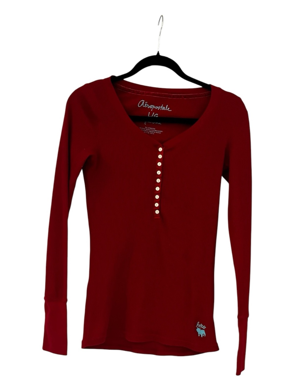 VTG Aeropostale Red Ribbed Waffle Henley Long Sleeve Top Tee Sz L Y2K